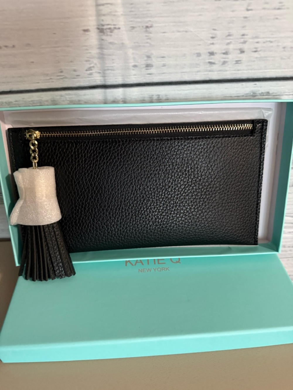 Black Leather Zip Pouch with Tassel NIB